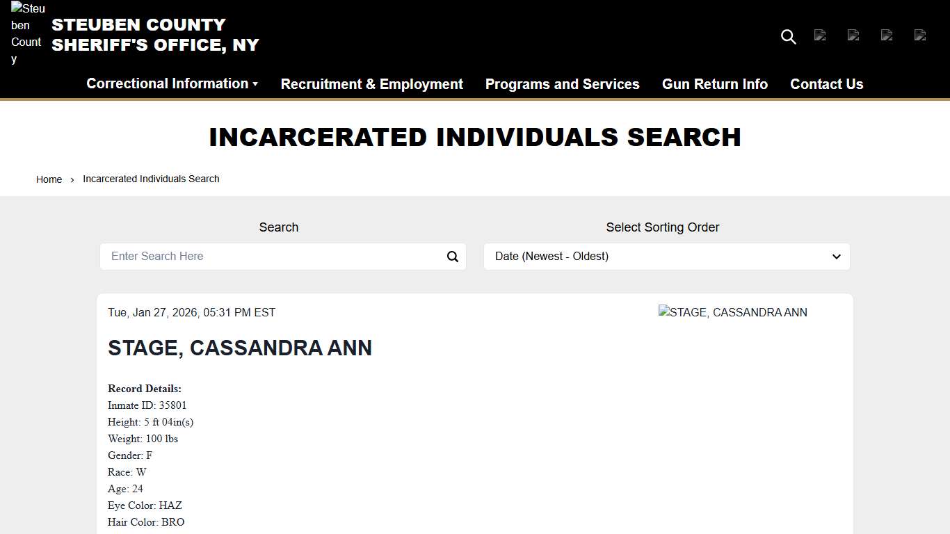 Incarcerated Individuals Search Steuben County Sheriff, NY